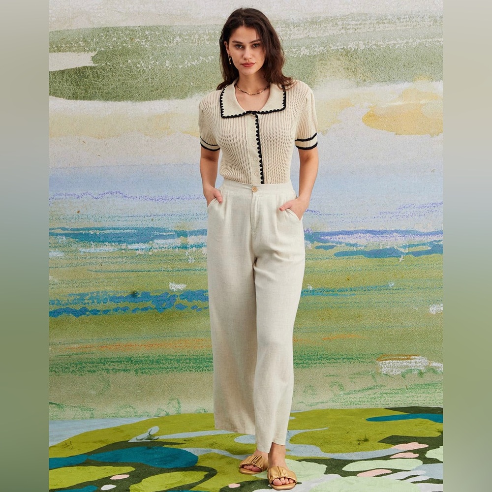 NWT RIHOAS Collared Contrast Trim Cardigan One Size